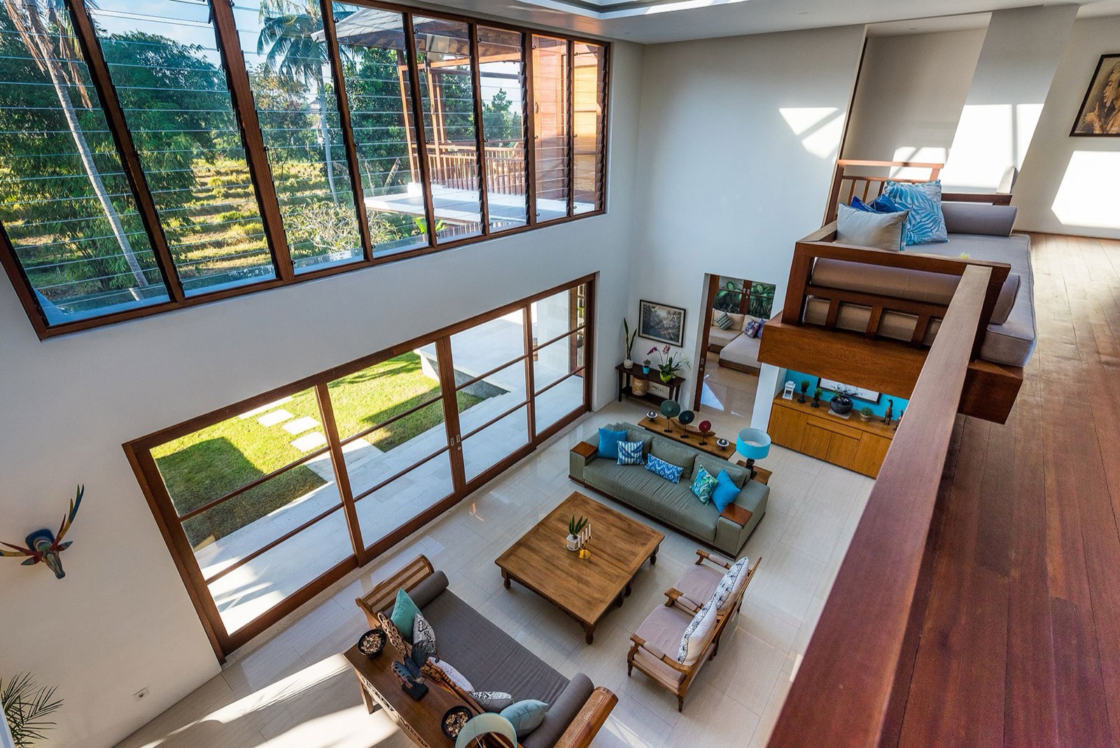 Top-down view of living from upper balcony